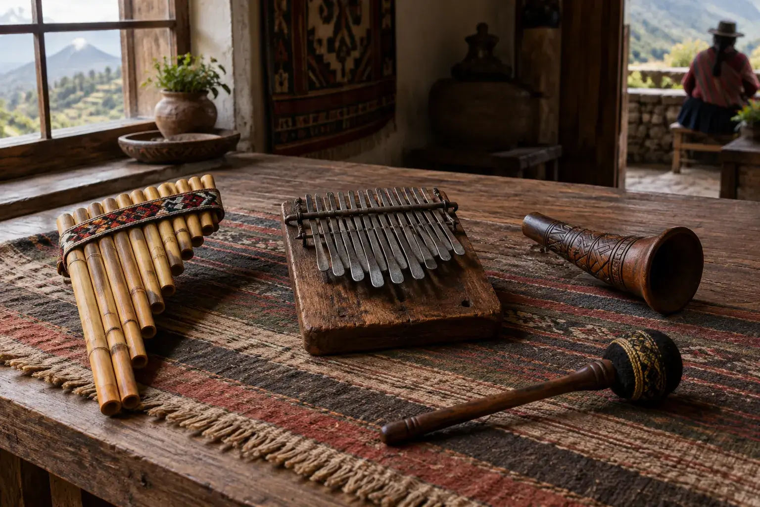 Une flûte siku, une mbira, une petite corne sculptée et un maillet de gangsa sont posés sur une table.