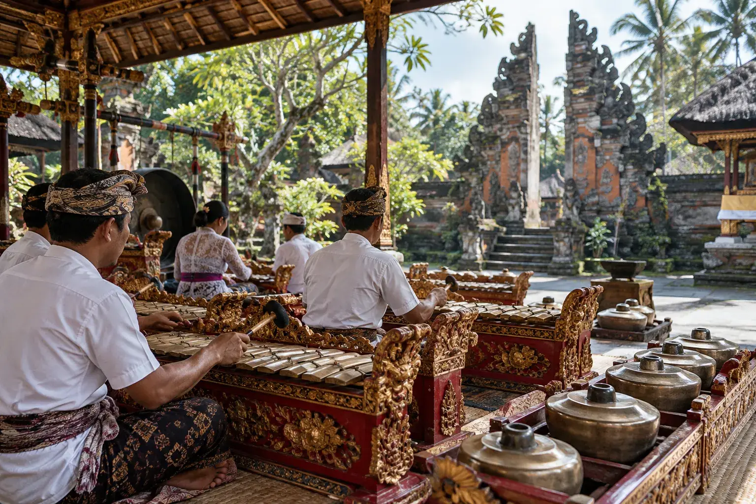 Des musiciens jouent des instruments à touches métalliques et de petits gongs dans une cour de temple.
