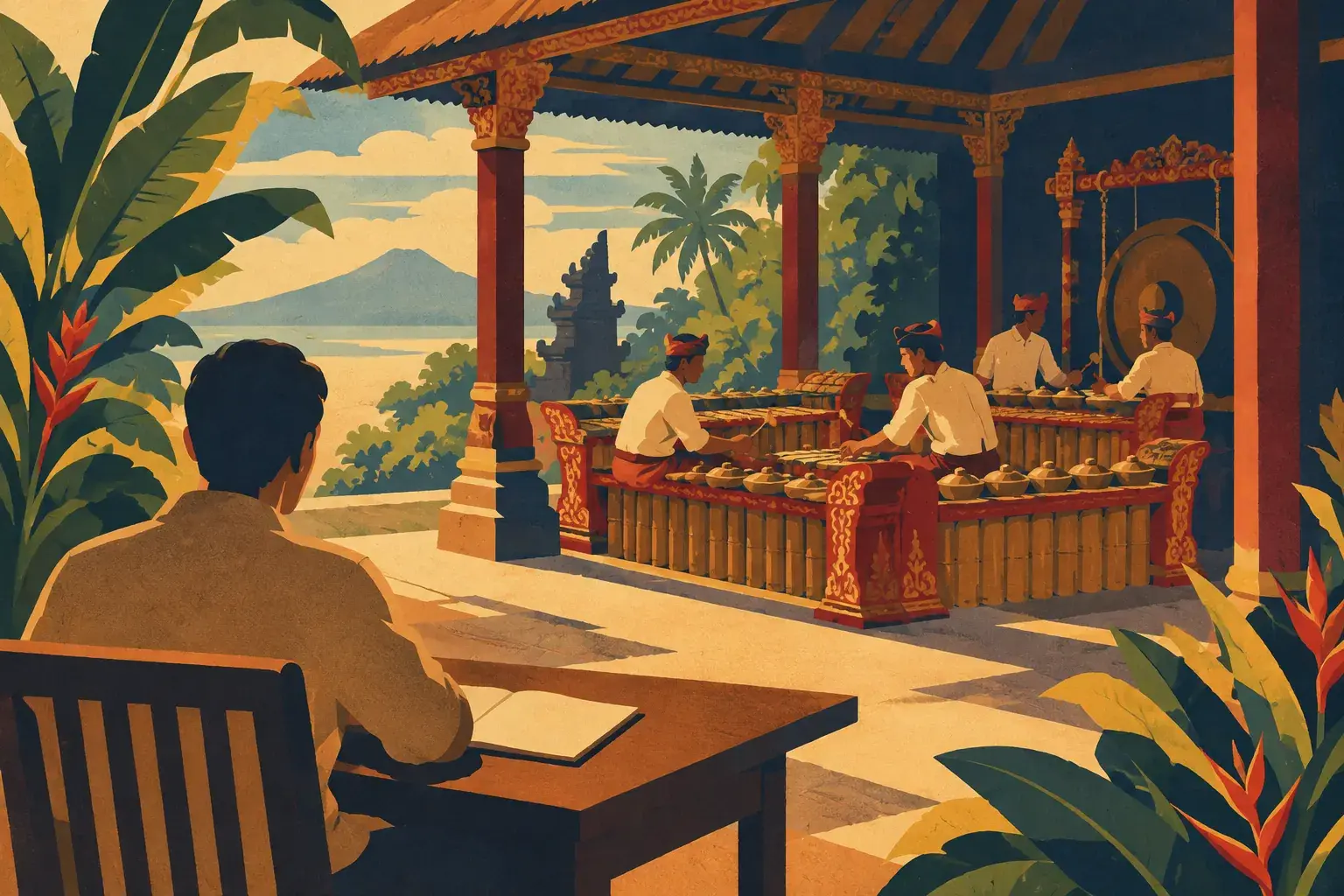 Une silhouette étudie des notes près d’un pavillon où résonne un ensemble de gamelan balinais.