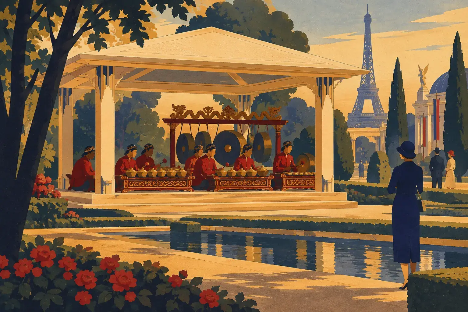 Des musiciens jouent un gamelan javanais dans un jardin d’exposition, tandis qu’un visiteur écoute à distance.