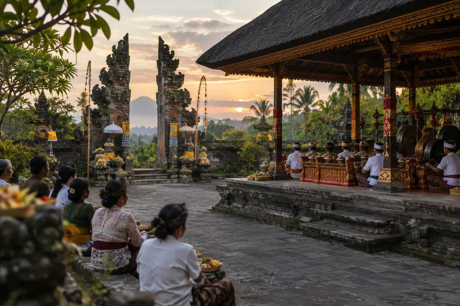 Un public écoute des musiciens dans un pavillon de temple, depuis le bord de la cour.