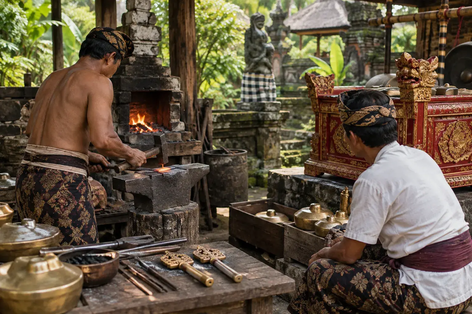 Un artisan façonne une pièce de bronze à la forge, près de touches déjà préparées pour l’accord.