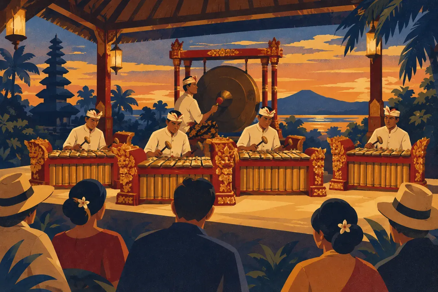 Un ensemble de gamelan joue sous un pavillon ouvert, face à un public réuni au crépuscule.