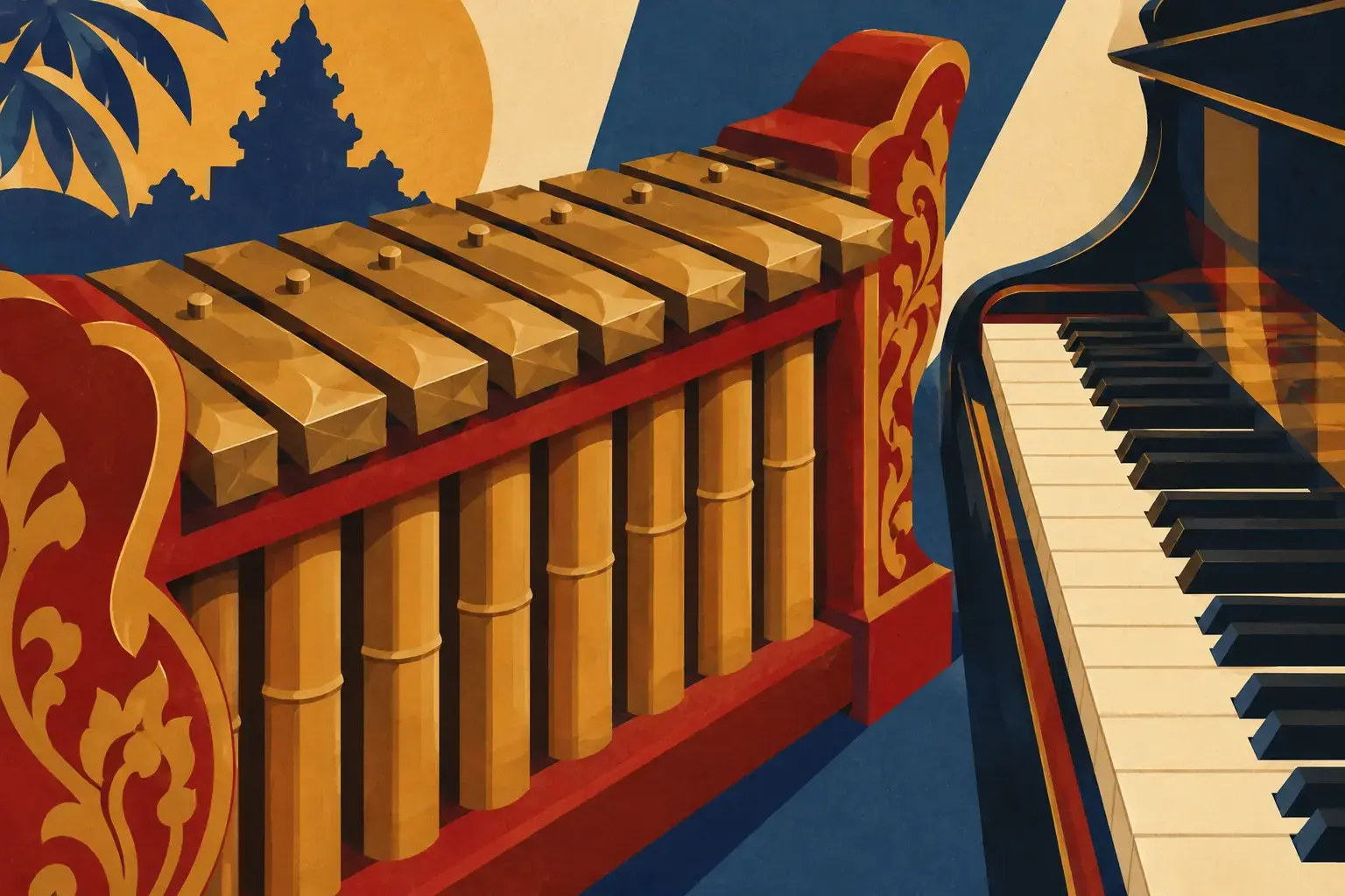 Des touches de bronze et de piano se répondent dans une composition illustrant des rencontres musicales.