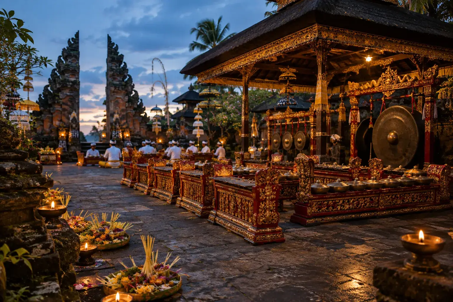 Un gamelan installé dans une cour de temple au crépuscule, avec instruments, lampes et offrandes.