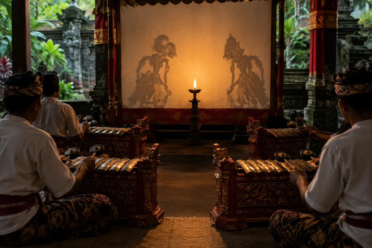 Quatre gender wayang aux touches de bronze se tiennent devant un écran éclairé par une lampe à huile.