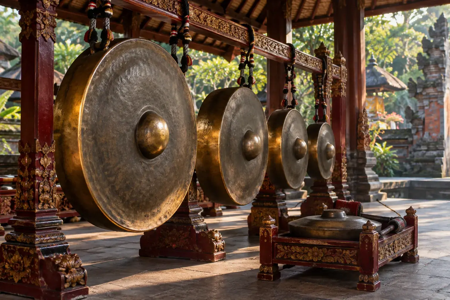 Une série de gongs de bronze, du plus grand au plus petit, est suspendue dans un cadre sculpté.