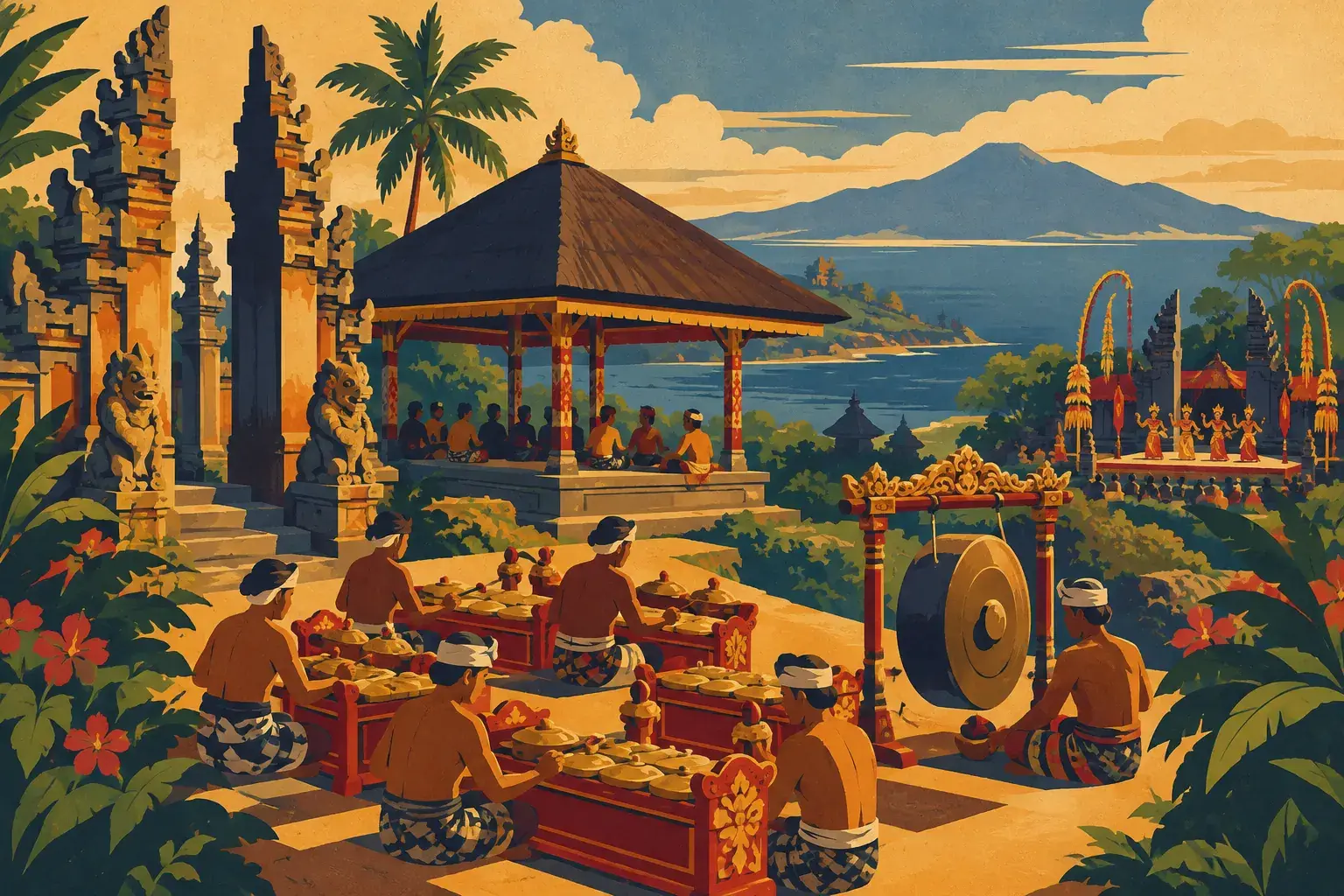 Une composition illustrée relie un ensemble de gamelan, un pavillon de village et une scène ouverte.
