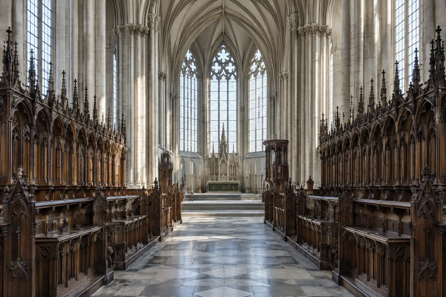 Deux rangées de stalles se font face dans une cathédrale gothique éclairée par de hautes fenêtres.