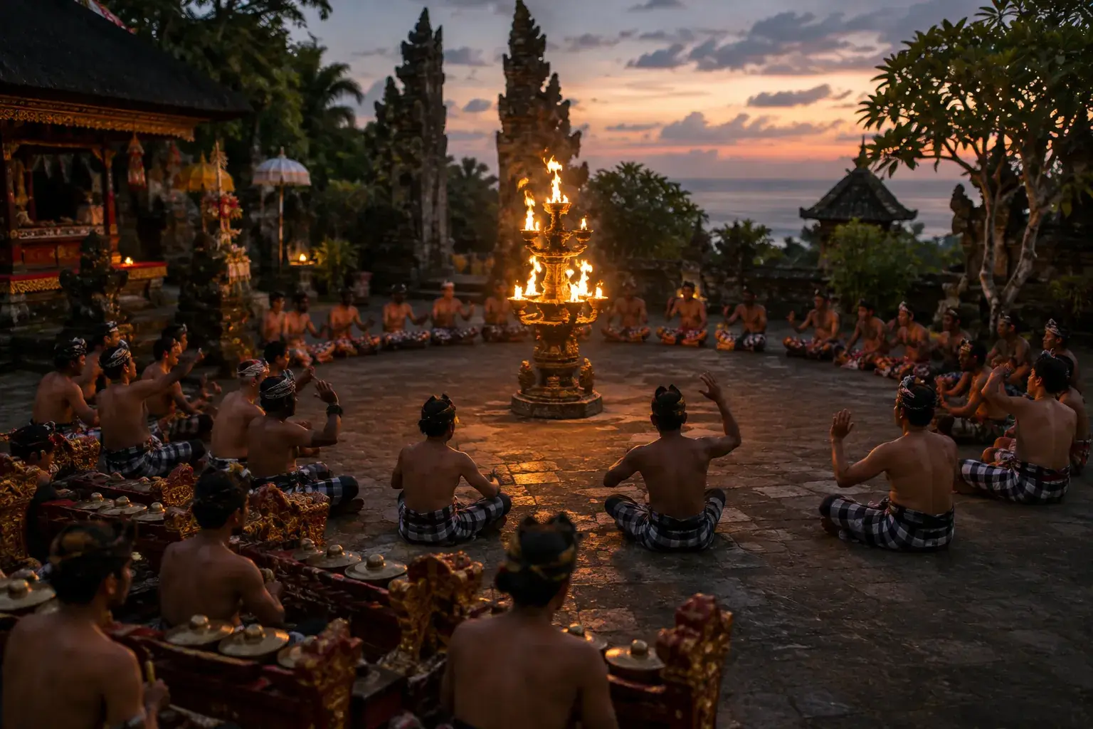 Un cercle d’hommes en sarongs à carreaux chante autour d’une haute lampe enflammée au crépuscule.