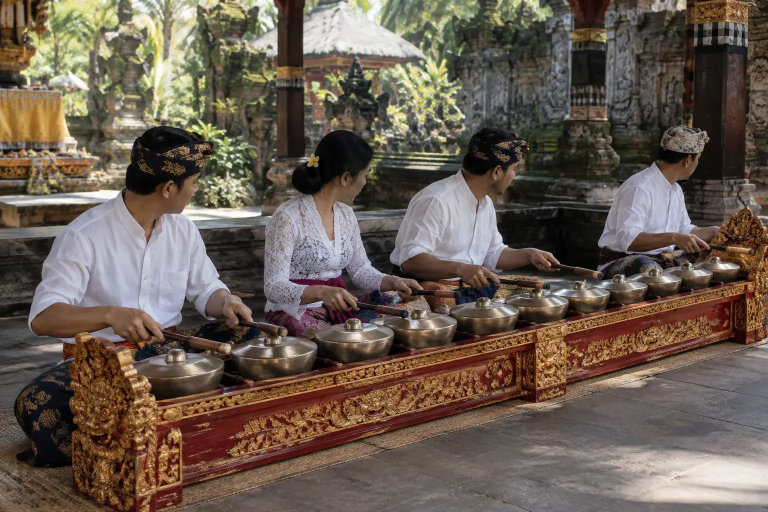 Quatre musiciens assis devant un reyong à douze petits gongs de bronze, chacun tenant deux baguettes.