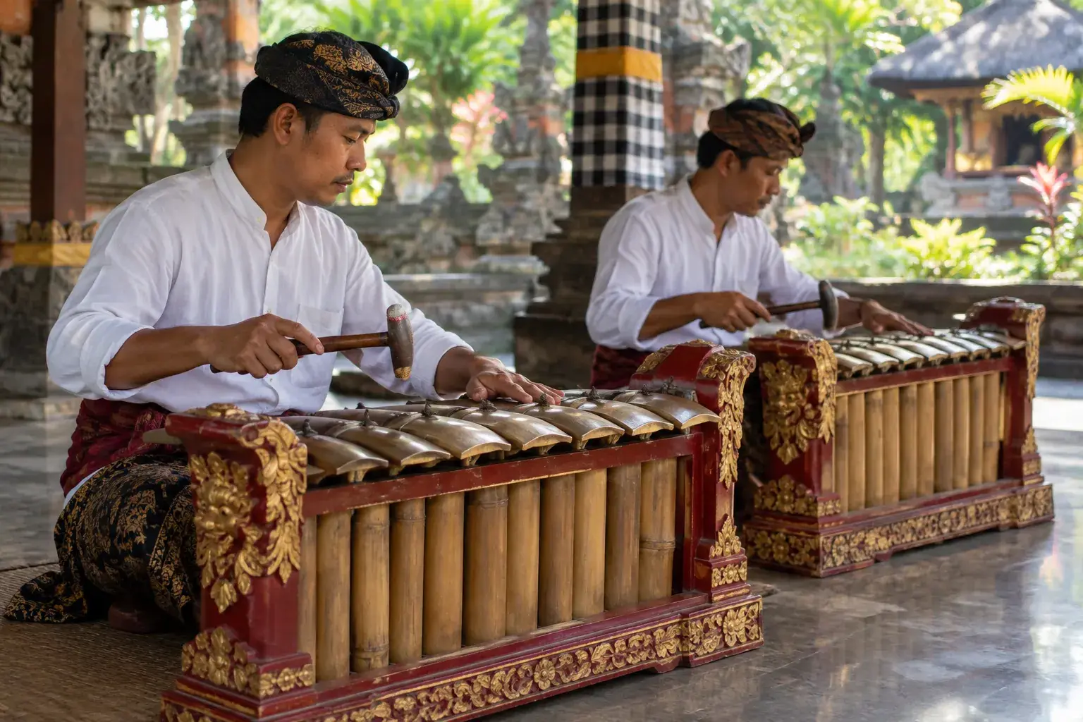 Deux musiciens jouent chacun un gangsa rouge et or, leurs mains alternant frappe et étouffement des touches.