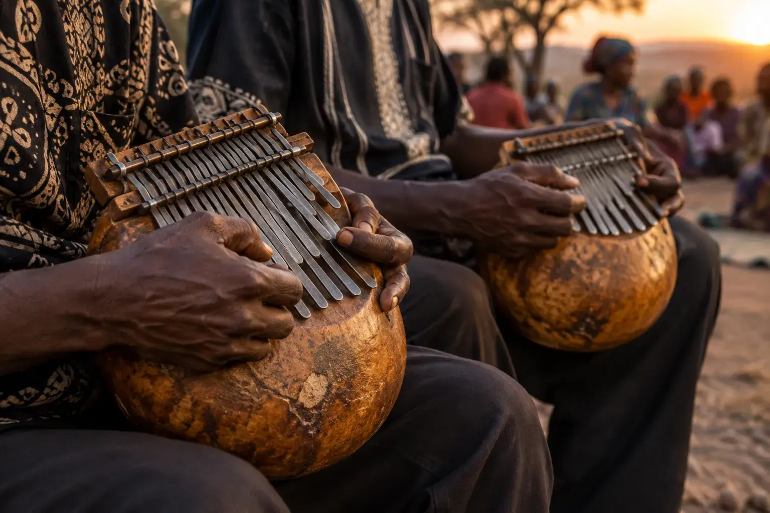 Deux musiciens shona jouent des mbira installées dans des calebasses, en lumière de soirée.