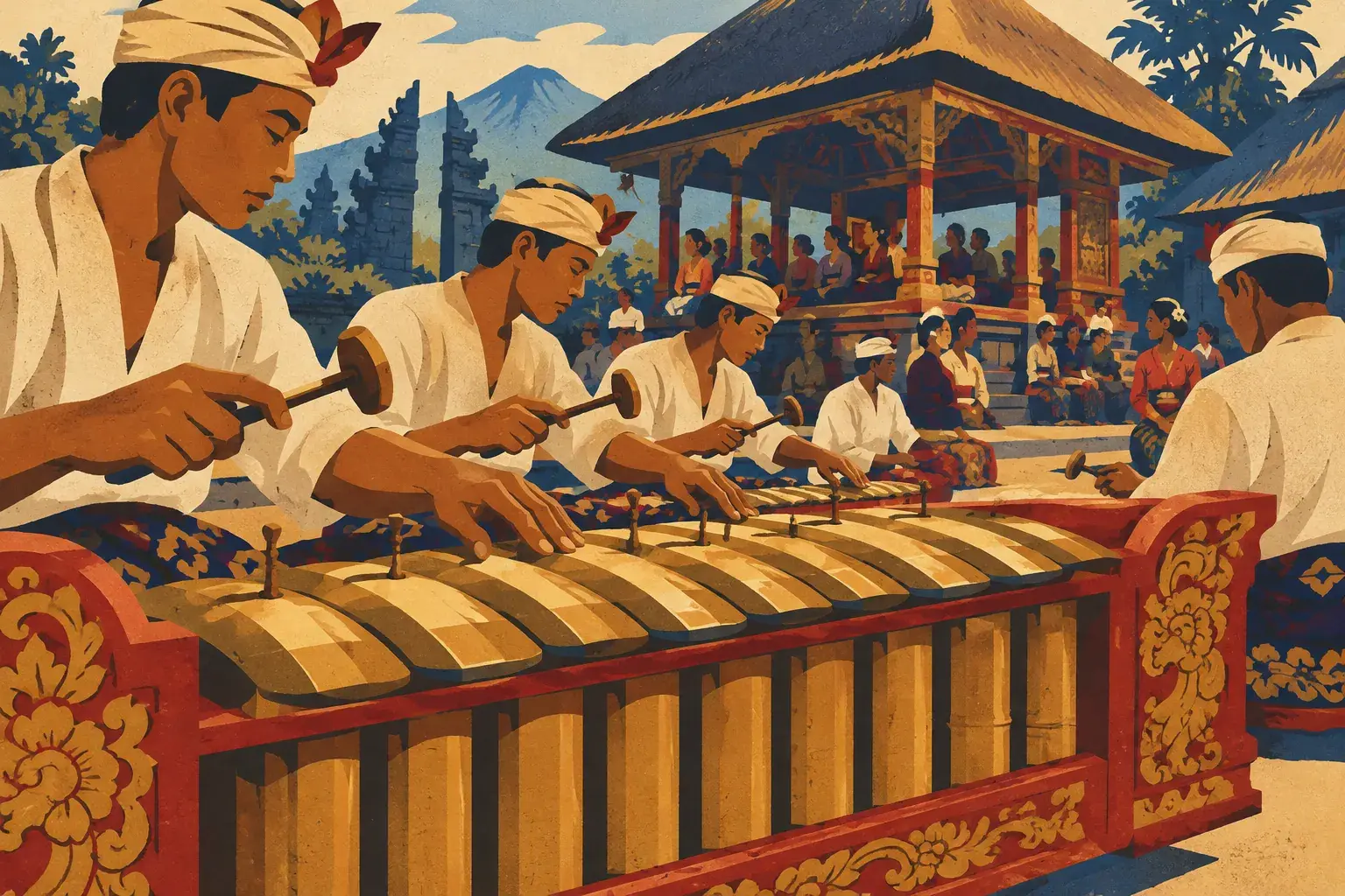 Des musiciens villageois jouent un ensemble de bronze, saisi dans une composition aux contrastes nets.