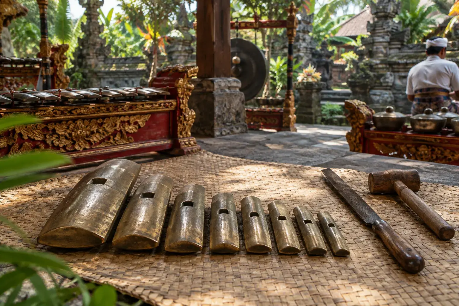 Des touches de gangsa en bronze, rangées par taille sur une natte, près d’une lime et d’un maillet.
