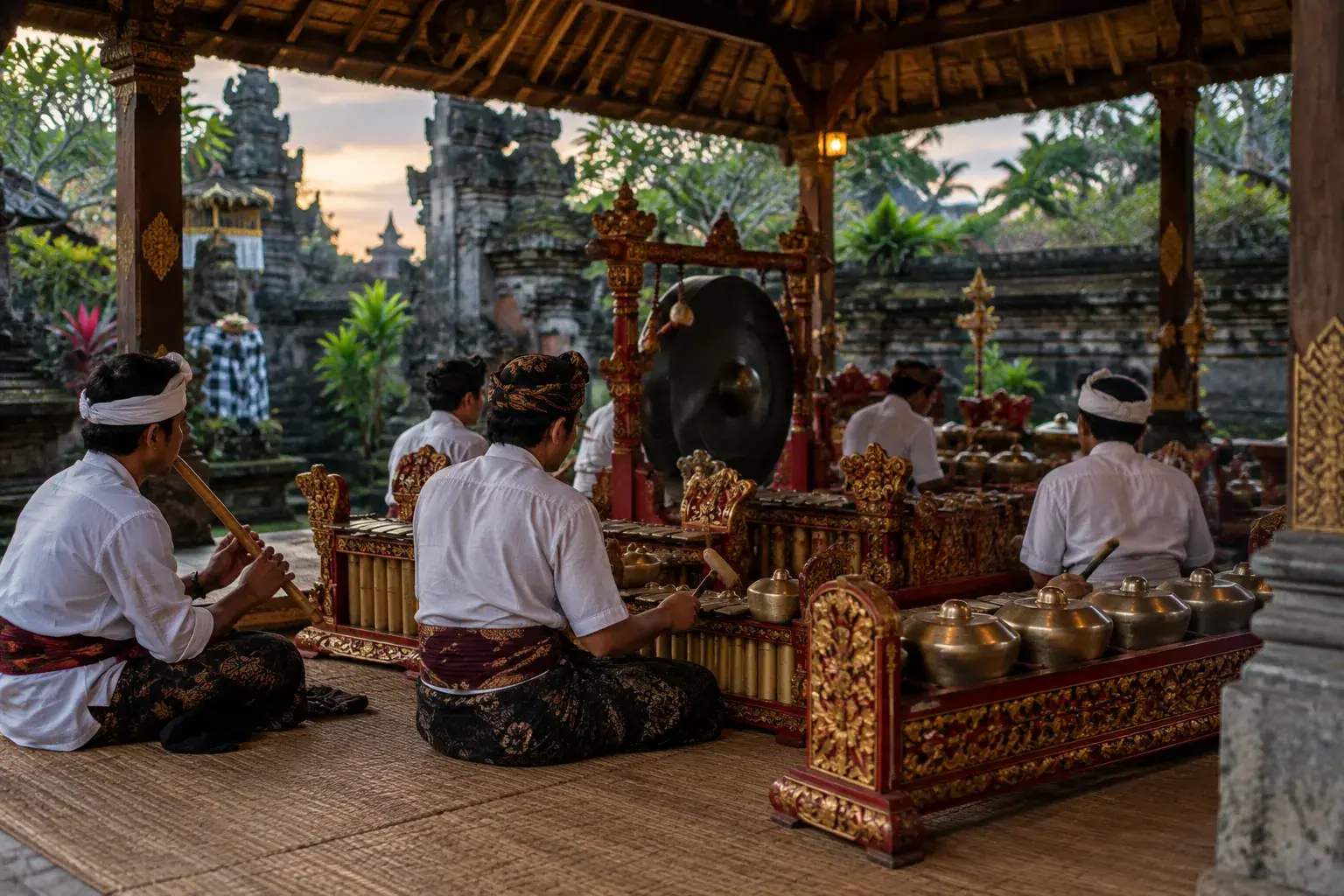 Des gangsa, des gongs à mamelon et un joueur de suling réunis dans un pavillon balinais.