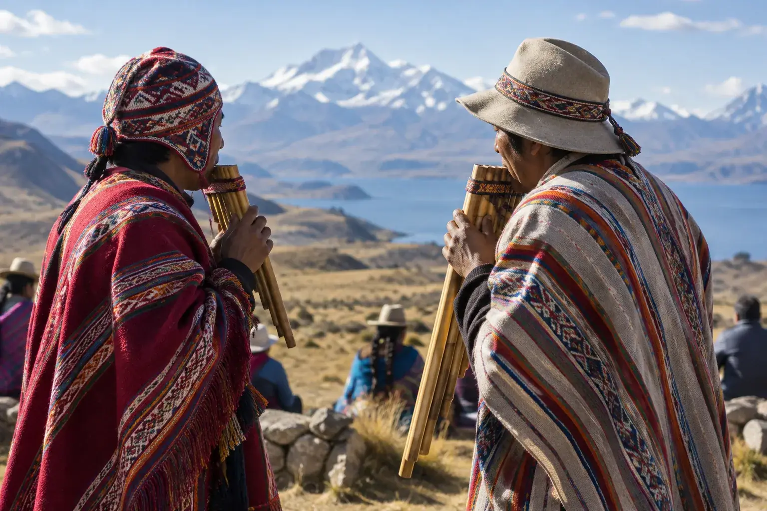 Deux joueurs de siku soufflent dans des flûtes de Pan complémentaires sur l’Altiplano.