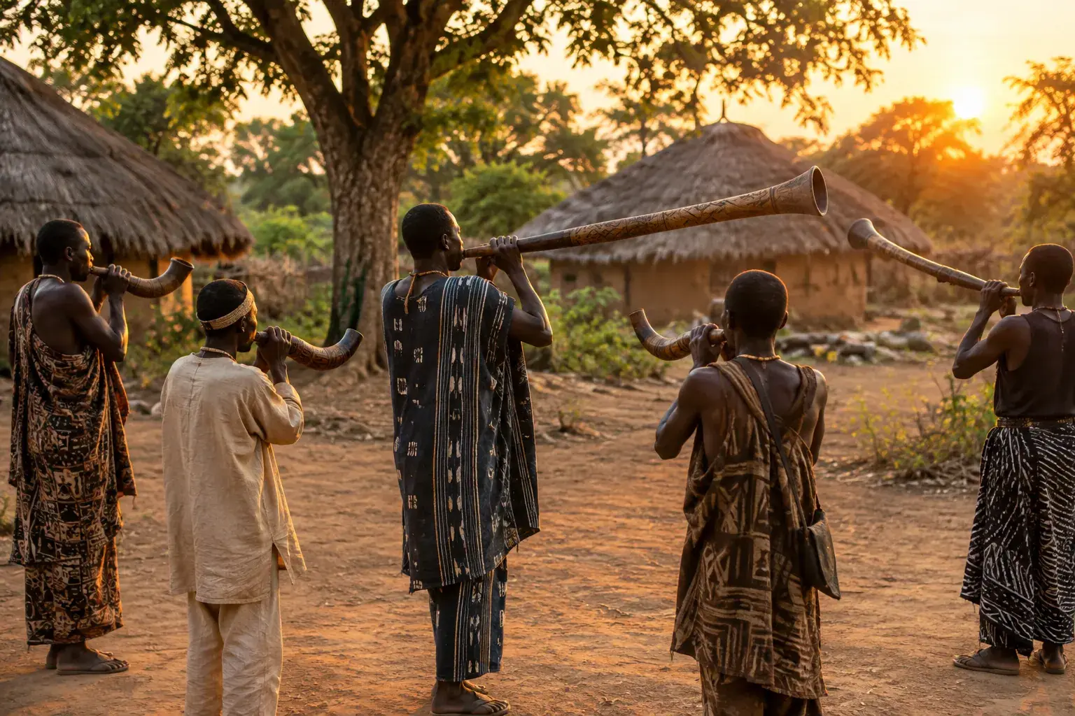 Des musiciens centrafricains soufflent dans des trompes en bois de tailles variées, dans une clairière de village.