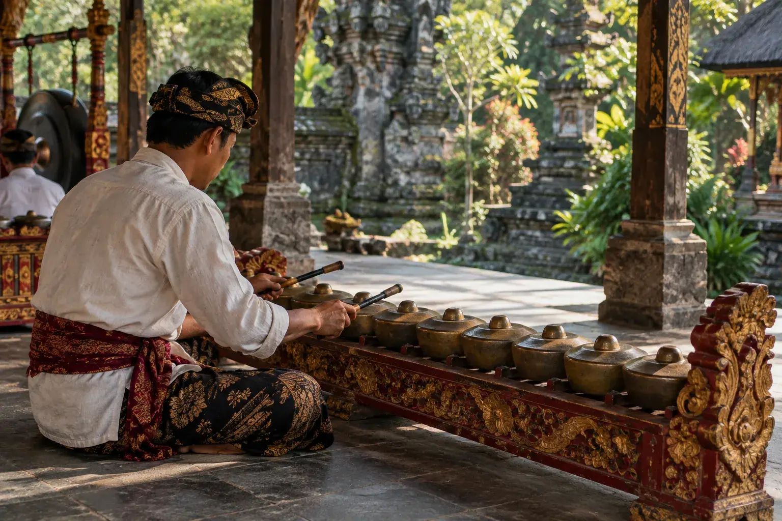 Un musicien assis joue deux baguettes au-dessus d’une rangée de gongs du trompong.